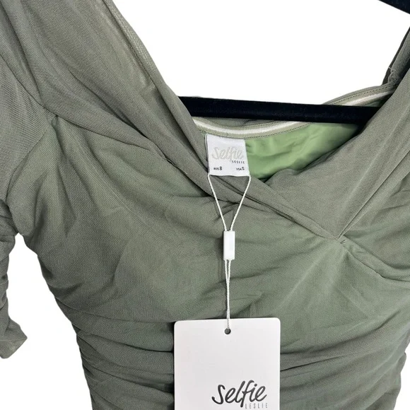 NWT Selfie Leslie Olive Moonrise Off The Shoulder Long Sleeve Rouched Mini Dress - Picture 7 of 7
